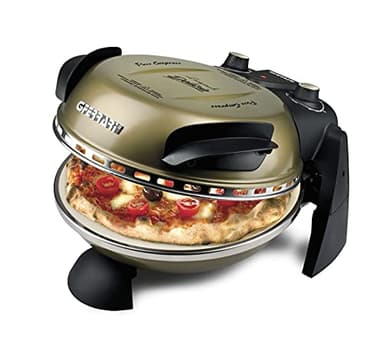 G3 Ferrari G10006 Pizza Express Delizia, Forno Pizza, 1200 W, Termostato regolabile 400°C, Pizza fragrante in 5 minuti, Doppia resistenza riscaldante, Ricettario e Palette inclusi, Oro Antico
