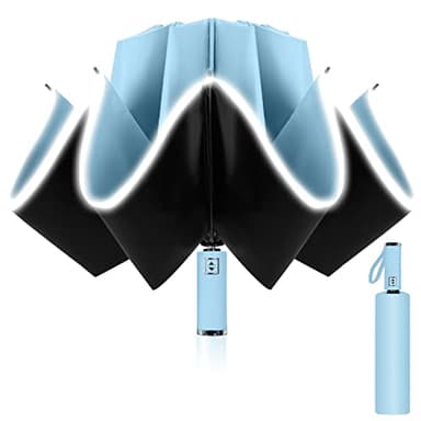 Ombrello Inverso Automatico, Ombrello Pieghevole Antivento, Ombrello Grande da Pioggia 10 Stecche Rinforzate per Uomo Donna, Diametro 105cm (Azzurro)