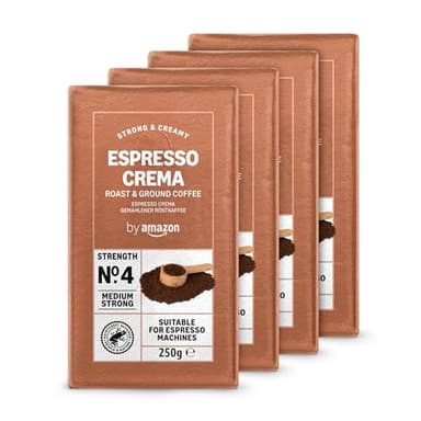 by Amazon Espresso Crema Macinato, Tostatura chiara, caffeinato, 250 g, Confezione da 4 - Certificato Rainforest Alliance