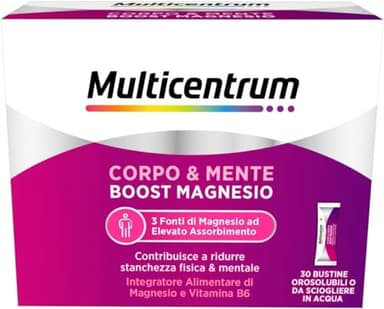 Multicentrum Corpo & Mente, Boost Magnesio Integratore Alimentare per adulti, con 3 fonti di Magnesio, Vitamina B6, per ridurre stachezza fisica e mentale, 30 bustine orosolubili