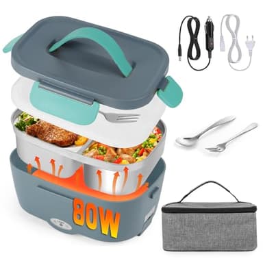 80W Scaldavivande Elettrico Portatile Elettrico Portatile Lunch Box 12V 24V 220V 1,5L Contenitore Elettrico Portavivande con Acciaio Inox Forchetta e Cucchiaio Scaldapranzo Portatile per Auto Casa