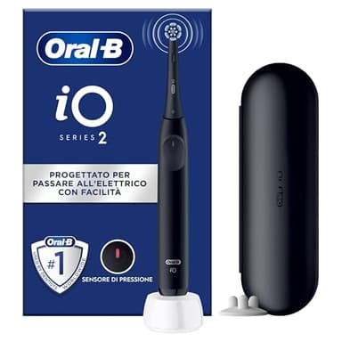 Oral-B iO 2 Spazzolino Elettrico Oral B, Nero, 1 Testina Di Ricambio, 1 Custodia Da Viaggio, Supporto per testine, Spazzolino, Delicato sulle Gengive, Efficace sulla placca, Sensore di Pressione
