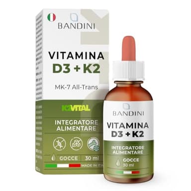 Bandini® Vitamina D3 K2 Gocce, in Olio Extra Vergine di Oliva EVO, Vitamine D Colecalciferolo 1000 UI per Goccia + Vit K MK-7 Menachinone Kappa 99,7% 100 mcg per Goccia, con pratico Contagocce