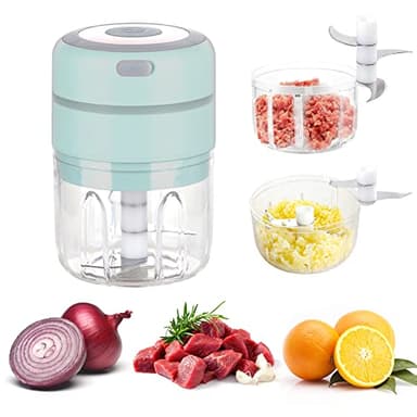 Mini Tritatutto da Cucina Elettrico, Frullatore Mixer Cucina Portatile USB Ricaricabile, 250ml+100ml Macchina Doppia con Tazze Doppie per Aglio, Cipolla, Peperoncino (Blu)