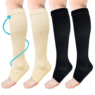 ACWOO Calze a Compressione per Donne e Uomo, 2 Paia Elastici Compressione Graduata Forte a Punta Aperta per Sportive, Corsa, Giri in Bici, Gravidanza, Viaggi in Aereo, 15-20 mmHg