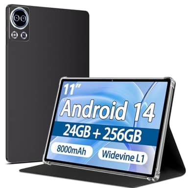 Tablet 11 Pollici Android 14 con 24GB RAM +256GB ROM (Espandibile Fino a 1 TB), Face ID, Widevine L1, Octa-Core 2.0 GHz, 5G Wi-Fi, GPS, 8000mAh, HD 1280 x 800 Incell IPS, Tablet con Custodia, Grigio