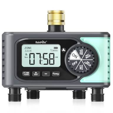 RAINPOINT Centralina Irrigazione 4 Vie, Automatico Timer Irrigazione con Ingresso in Ottone, Ritardo per Pioggia/Modalità Manuale, Programmatore Irrigazione per Prato e Giardino