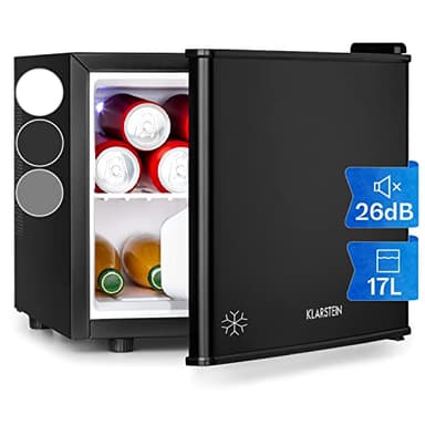 Klarstein Geheimversteck - Minibar, Mini Frigo, Mini Frigorifero per Snack e Bevande, solo 26 dB, Ripiano Estraibile, Regolazione della Temperatura senza Intervalli Predefiniti, 17 L, Nero