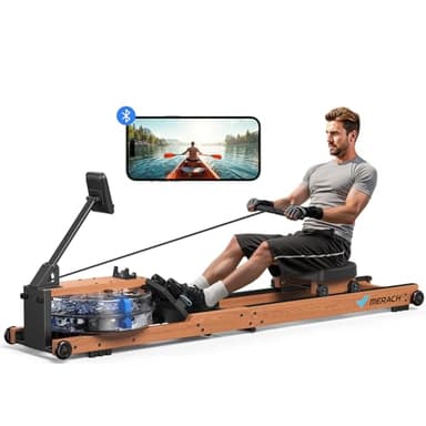 MERACH Vogatore ad acqua in legno, pieghevole, materiale in gomma e seduta comoda, con app esclusiva con gioco di carte interattive, esperienza di canottaggio coinvolgente, max 180 kg, ideale per la