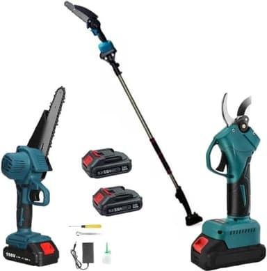 Forbice da Potatura a Batteria, Motosega a Batteria 6 Pollici, + Asta Telescopica 128-248cm, Kit 3 in 1, Cesoie Elettriche per Potatura Giardino Rami Arbusti Vigneto con doppia batteria