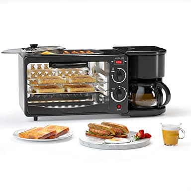Stazione per la colazione, tostapane con padella, forno portatile per la colazione con macchina per il caffè, griglia/piastra antiaderente pressofusa per pane, uova, panini, pancetta, salsicce (nero)