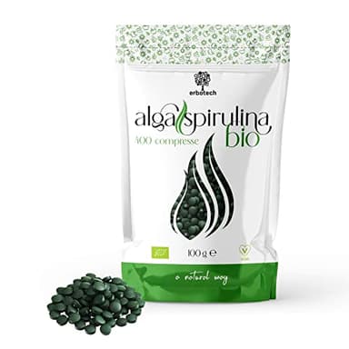 ERBOTECH Spirulina BIO in Compresse, Confezione da 100g, circa 400 Capsule, Alga 100% Biologica, Pura e Vegana, Fonte di Energia, Ricca di Proteine, Vitamine, Magnesio