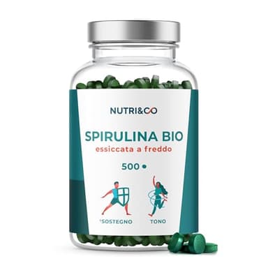 NUTRI & CO Spirulina Biologica - 500 Compresse Bio da 500 mg Pure Senza Eccipienti - 15% di Ficocianina - Polvere Essiccata e Compressa a Freddo - Analizzata e Confezionata in Francia