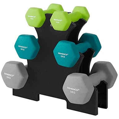 SONGMICS Kit manubrio Musuclation, Peso, con supporto di stoccaggio, fitness, 2 x 1 kg, 2 x 2 kg, 2 x 3 kg, rivestimento in vinile, verde brillante, turchese e grigio chiaro SYL612GN