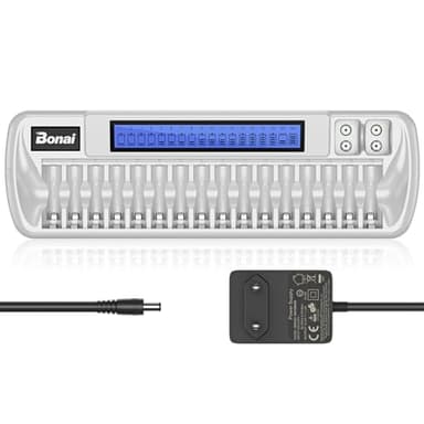 BONAI Caricabatterie Intelligente con Display LCD,Caricabatteria Ricaricabili Caricatore 16 Slot per Ni-MH AA AAA Batterie e 2 Slot Aggiuntivi per 9V Laminate/Lithium Batterie