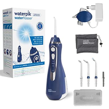 Waterpik Idropulsore Dentale Portatile Cordless Advanced, 3 Impostazioni di Pressione, Strumento Rimozione Placca Dentale Ideale per Viaggi o Bagni Piccoli, Batteria Ricaricabile, Blu (WP-563EU)