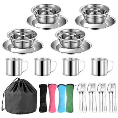 Tissting 24 Pezzi Pentole da Campeggio Kit Acciaio Inox 4 Persone Campeggio Piatti Set con Piatti Tazze Cucchiai Forchette, Utensili Argenteria Outdoor per Viaggi Escursioni Picnic