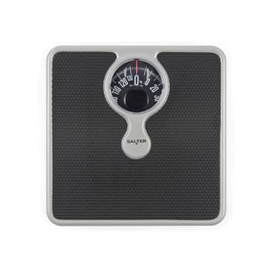 Salter 484 SBFEU16 Bilancia meccanica da bagno - con lente d'ingrandimento, max 133 kg, design compatto monocromatico, facile lettura, senza batterie, peso in kg, stone e libbre, argento/nero