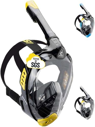CRESSI Bali Full Face Mask Black/Yellow S/M-Maschera Snorkeling Integrale Unisex, Lente Ultra Chiara Anti Fog, 100% Silicone, Snorkel Dry con Valvole Sicurezza, Supporto Action Cam, Nero/Giallo, S/M