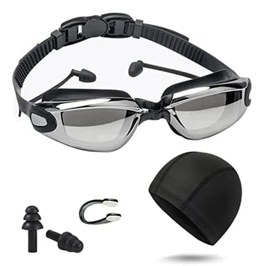 BSITSSS Occhialini Nuoto, Occhialini Nuoto Uomo Donna Nuoto Anti-Appannamento Unisex Adulto, Occhialini Piscina Protezione UV, Occhialini con Cuffia da Nuoto Clip per Naso & Tappi per Orecchie