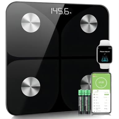 Bilancia Pesapersone Digitale Professionale Impedenziometrica Senza Fili Intelligente per IOS &Android Integrata con 13 Indici di Misurazione Massa Grassa,Massa Magra e Metabolismo Basale,26*26cm,Nero