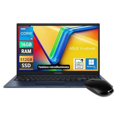 ASUS Notebook Vivobook, PC portatile, CPU Intel i5 13Th 10 core 4,6Ghz, Ram 16Gb, SSD M,2 512Gb, 15,6 FullHD ips, WiFi, 4 USB, HDMI, Windows 11 Pro, Tastiera Retroilluminata, Libre Office, Mouse