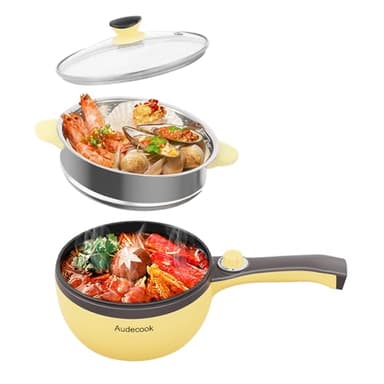 Audecook Padella Elettrica con Vaporiera, Mini Hot Pot 20 cm, Pentole Elettriche Multifunzione Antiaderente, Portatile Fornello Elettrico da Viaggio, Dormitorio, Casa - Giallo