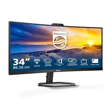 PHILIPS 34E1C5600AM - Monitor curvo WQHD da 34 pollici, webcam, regolabile in altezza, altoparlante (3440x1440, 100Hz, HDMI, DisplayPort, USB-C, Hub USB) nero