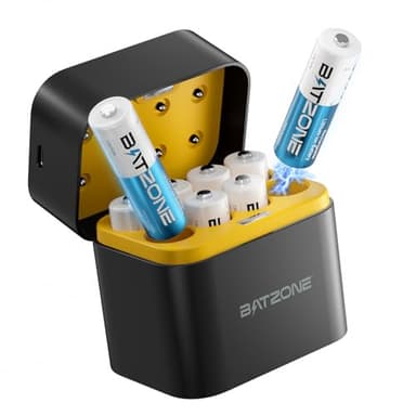 BATZONE 8PCS 1,5V AA Lithium Batterie Ricaricabili con Caricabatterie 8 Slot, 3000mWh Dobbia A Batterie Ricaricabili con 1600+Tech, Ricarica & stoccaggio in Uno