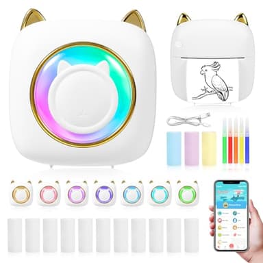 Luckits Mini Stampante Fotografica, Mini Stampante Termica Stampante Fotografica Istantanea Portatile con LED colorati, Mini Stampante Termica Bluetooth con Ricarica USB Stampante per Note Elenco Memo