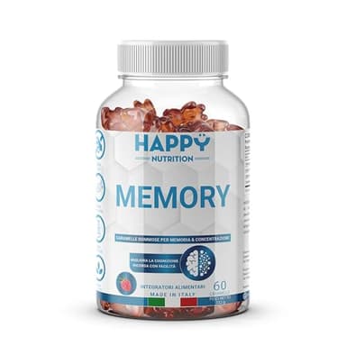 Happy Nutrition Caramelle Gommose Integratore Memoria e Concentrazione per Bambini e Adulti - Vitamine B6 B12 Acido Folico Fosfatidilserina - 60 Caramelle Vegan - 60 Giorni di Fornitura