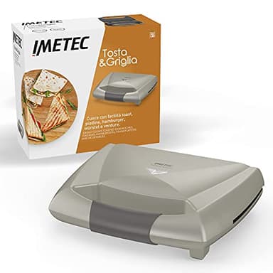 Imetec Tosta&Griglia, Tostiera elettrica, Piastre XL Rigate e Antiaderenti per Preparare 3 Toast alla Volta, Compatta, Riponibile in Verticale, Spie Funzionamento, Gancio Chiusura, Avvolgicavo, 800 W