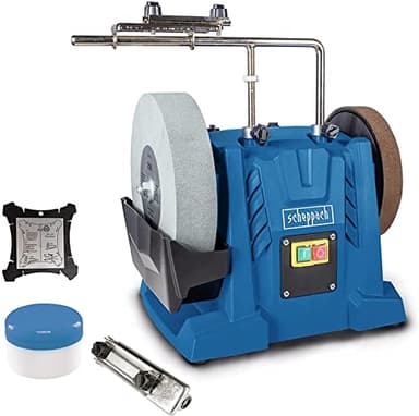 Scheppach TIGER 7000S - Affilatrice ad acqua, motore a induzione 200 W, pietra per affilare in corindone superiore, 250x50 mm, grana: 220, dispositivo universale incluso, pasta abrasiva, dima angolare