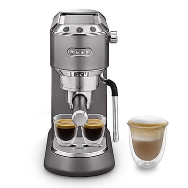 De'Longhi Dedica Arte EC885.​GY, Macchina manuale da Caffè Espresso e Cappuccino, Lancia vapore professionale, Caffè in Polvere o in Cialde E.S.E., Riscaldamento 40sec, Filtro Singolo e Doppio, Grigio
