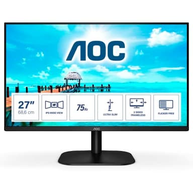 AOC 27B2H Monitor LED da 27" IPS, Full HD, 4 ms, Refresh 75Hz, VGA, HDMI, Senza Bordi, Low Blue Light, Nero, 27 inch FHD IPS 75Hz, HDMI - VGA, No Speakers