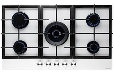 PremierTech Piano Cottura a Gas 5 fuochi 90cm (86cm) Vetro Bianco Supporti in Ghisa Professionali Wok PC905GW