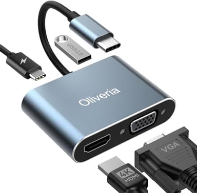 Oliveria Adattatore da USB C a HDMI VGA, 4 K a 30 Hz 4 in 1 USB C multiporta adattatore Thunderbolt 3 a HDMI VGA, PD 100 W porta di ricarica USB 3.0 connettore MacBook/MacBook Pro/Air, Chromebook,