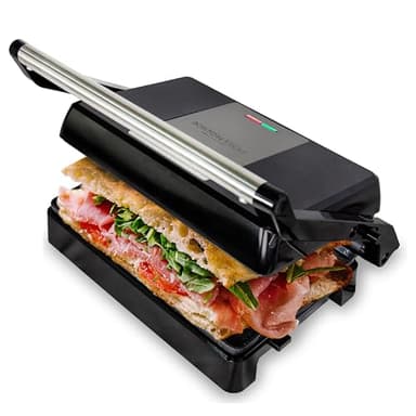 Grill Master 3 in 1: Griglia elettrica, tostiera e panini. Piastre Ceramiche Antiaderenti, apertura a 180°, piastra superiore flottante, senza BPA. 2 superfici da 23x14,5 cm, Raccolta grasso, 1000W.