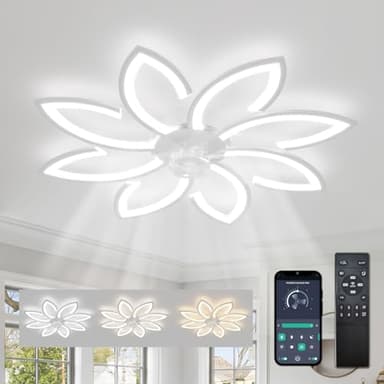Ventilatore Soffitto con Luce e Telecomando, Plafoniera con Ventilatore Silenzioso, Lampadario con Pale Ventilatore Fiore, Dimmerabile, Funzione Memoria, 6 Velocità, Motore DC, Estate Inverno, Bianco