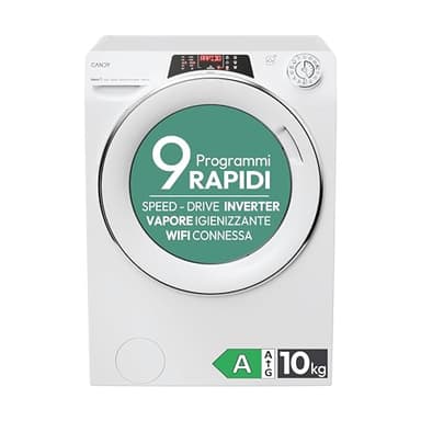 Candy RapidÓ Lavatrice 10 Kg, Libera Installazione, Carica Frontale, Classe A, 1600 Giri, 9 Programmi Rapidi, Funzione Vapore, Wi-Fi + BLE e App hOn, 60 x 58 x 85 cm, Bianca - RO 16106DWMCT/1-S