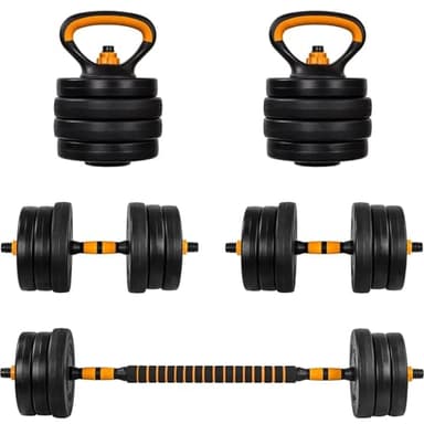 MOVIT Manubri Palestra 6in1-30 kg, Componibili, Tubo di Collegamento, Maniglie Push Up, Arancione - Kettlebell, Bilanciere, Pesi Regolabili, Adjustable Dumbbells Set, Attrezzi Palestra Casa