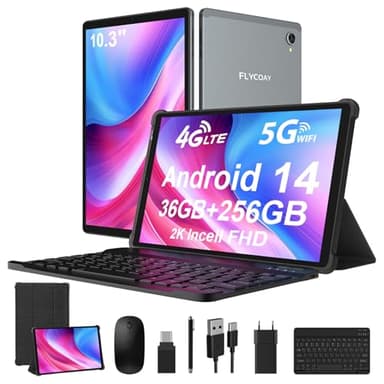 FLYCOAY 2K Tablet 10,4 Pollici, 4G LTE+5G WiFi, 36GB RAM+256GB ROM (2TB TF), Android 14 Tablet PC, Octa-Core 2.0 GHz, 2000 * 1200 FHD, 8000mAh, 13MP+8MP, GPS/BT5.0, Tablet con tastiera, ecc (Grigio) ﻿