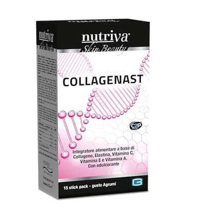 NUTRIVA Collagenast, Integratore Alimentare con Collagene. Elastina, 2,5g di Collagene idrolizzato, Vitamina E, A, C. Integratore Pelle, 15 buste. Antirughe Donna uomo long lasting, Collagene da Bere