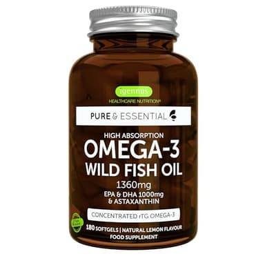 Omega 3 1000mg in Forma Trigliceride, Olio di Pesce ad Alto Dosaggio, EPA & DHA, Acidi Grassi rTG Omega-3 & Astaxantina, 180 Capsule, Ultra Puro & Alto Assorbimento, Aroma di limone - Igennus
