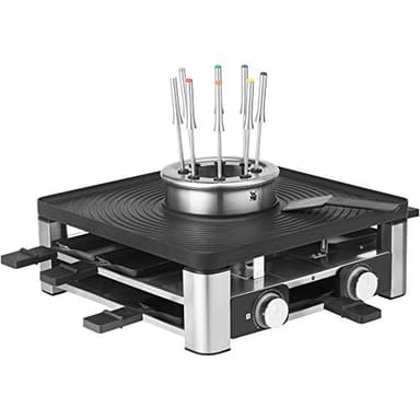 WMF Gourmet Station Lumero 3 in 1 in Acciaio Cromargan, Raclette, Fonduta e Griglia Elettrica Tutto in 1 per 8 Persone, con 8 Tegamini, 8 Spatole per Formaggio e 8 Forchette,Display LCD,Potenza 1800W