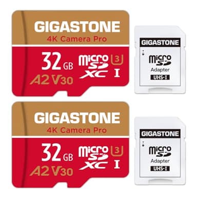 GIGASTONE Scheda di memoria da 32 GB, confezione da 2 schede, 4 K, fotocamera Pro, compatibile con GoPro Drone Switch, velocità 95 MB/s. per 4K UHD Video, A2 U3 V30 Scheda MicroSDHC con Adattatore SD