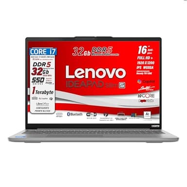 Lenovo, pc portatile Notebook, i7 13620H 13Th, DDR5 32Gb, Display WUXGA 16" IPS FHD+, SSD 1Tb (2 X 512Gb), Wi-Fi 6, Bt, USB Thunderbolt 4.0, Tastiera retroilluminata, Win11 Pro, Pronto all'Uso