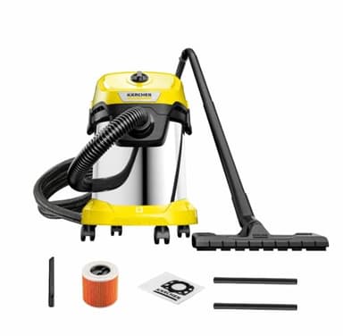 Kärcher WD 3 S V-17/4/20 - Bidone Aspiratutto Solidi Liquidi, Potente Aspirapolvere da 200AW, 100W, con Sacco, Funzione soffiante, Giallo/Nero