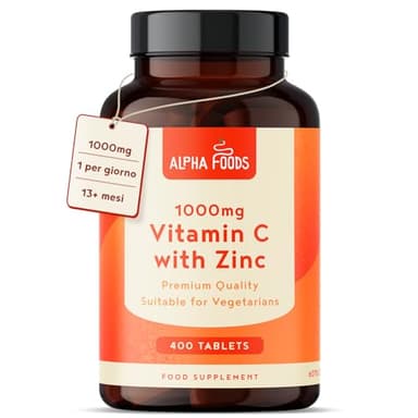 Vitamina C 1000mg (1+ Anno) + Zinco 15mg | 400 Compresse Vegetariano (1 per Giorno) | Pura Alto Dossagio | Integratore Vitamin C Zinco | Sostiene Sistema Immunitario Pelle e Capelli | Alpha Foods