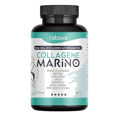 Rabava 120 Cps Integratore Con Collagene Marino Idrolizzato 1000 Mg, Biotina Capelli Unghie, Acido Ialuronico, Coenzima Q10, Zinco Vitamina C Difese Immunitarie, Collagen Viso Pelle Ossa Articolazioni